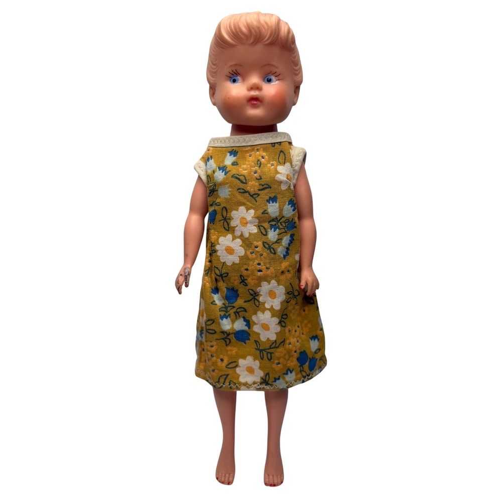 60s Molded Hair Rubber Doll HB Yellow Floral Dress Blue White Flowers Blue Eyes